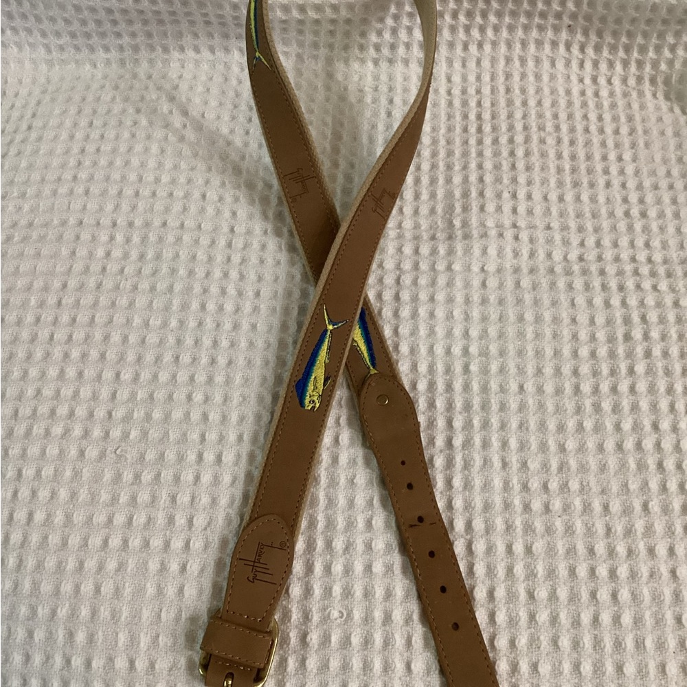 Guy Harvey Leather Embroidered Fish Belt size 44 leather tab 1.25” width